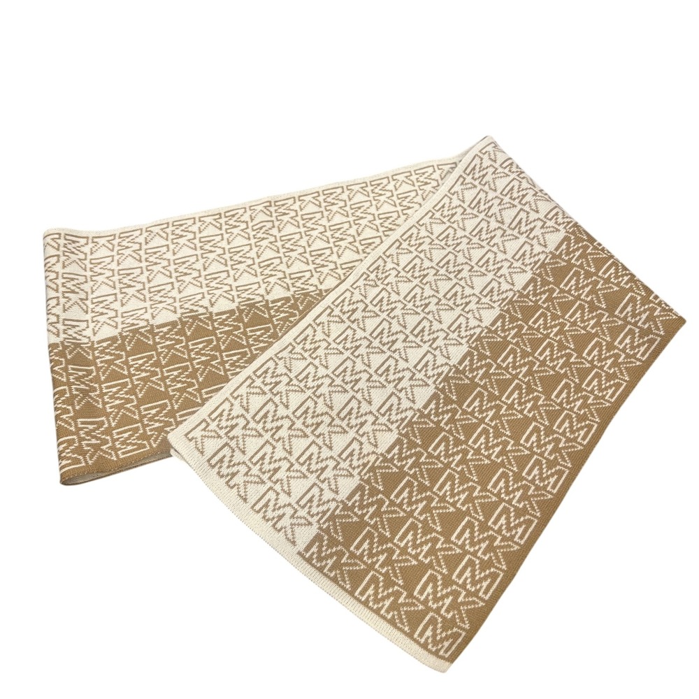 Michael Kors Monogram Logo Knit Scarf Camel Cream Two Tone Designer Wrap